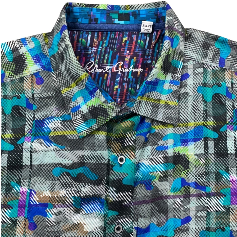 Robert Graham Shirt Men 3XLT Multicolor Abstract Camo Grid Flip Cuff Long Sleeve